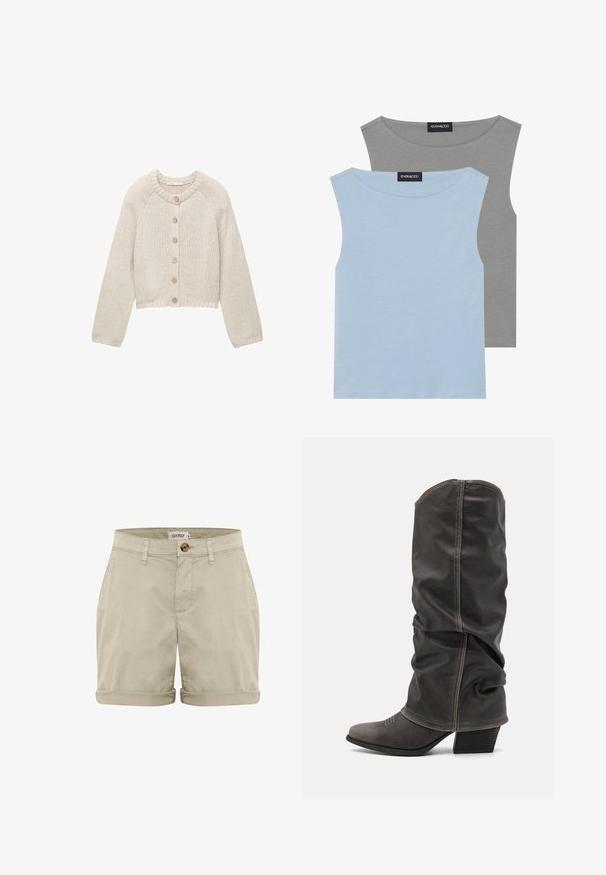 Cardigan en tricot beige avec des manches longues et cinq boutons en bois sur le devant, avec un col rond et des poignets et un ourlet côtelés.; Deux débardeurs sans manches en bleu clair et gris. Fabriqués dans un tissu doux avec un col rond et un ourlet droit. Étiquette visible sur les deux débardeurs.; Shorts en coton beiges avec un ourlet retroussé, dotés d'une fermeture à bouton sur le devant et de poches cousues. Texture lisse avec des détails minimes.; Bottines en cuir gris hauteur mollet avec un design décontracté, bout pointu et talon empilé. Détails de couture remarquables sur la zone des orteils.