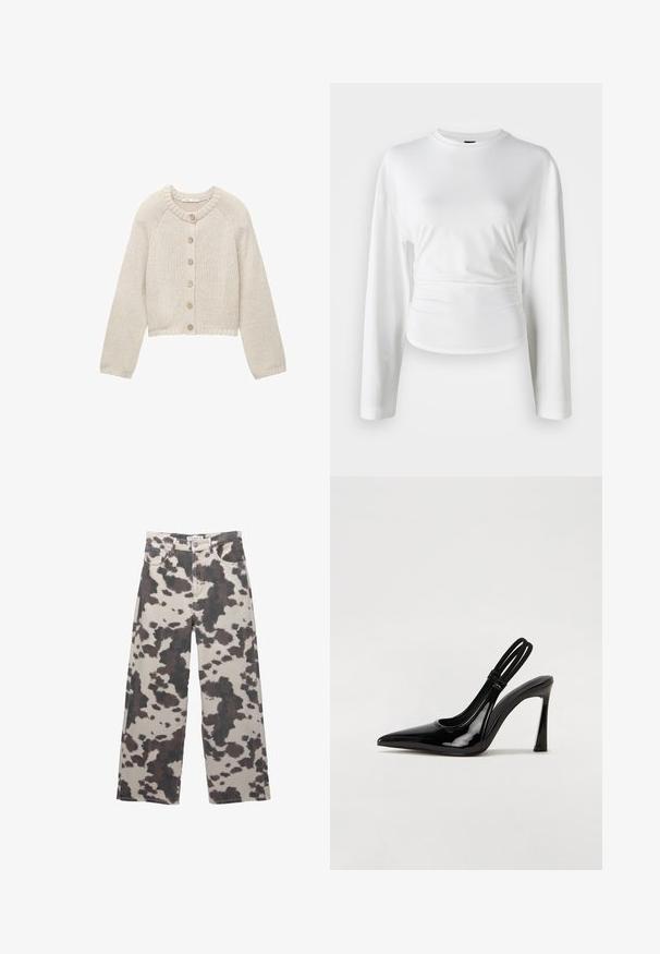 Beige kötött kardigán hosszú ujjakkal, az elején öt fa gombbal, kerek nyakkivágással és bordázott mandzsettával és aljjal.; Fehér, hosszú ujjú ing, puha anyagból készült. Testhezálló fazonú, deréknál ráncolt részletekkel és kerek nyakkivágással rendelkezik.; Bézs színű, széles szabású farmernadrág barna tehénmintával. Gombos záródással és öt zsebes kialakítással rendelkezik. Denim szövetből készült.; Fekete lakk bőr slingback pumpa, hegyes orral, vékony magas sarkal és dupla elasztikus pánttal a biztonságos illeszkedés érdekében. Simább, fényes felület.
