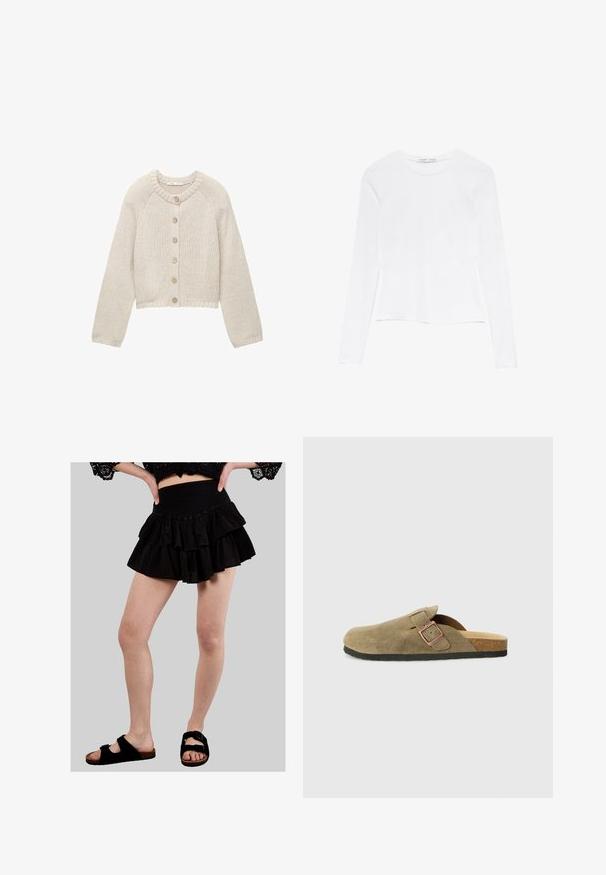 Beige gestrickte Strickjacke mit langen Ärmeln und fünf Holzknöpfen auf der Vorderseite, runder Halsausschnitt sowie gerippte Bündchen und Saum.; Weißes Langarmoberteil mit Rundhalsausschnitt. Hat ein enganliegendes Design, eine glatte Stoffoberfläche und einen leicht gekürzten Saum.; Schwarze, gestufte Rüschensrock mit einem gerafften Taillenbund, gefertigt aus einem leichten Stoff. Kombiniert mit schwarzen Sandalen, die über zwei verstellbare Riemen verfügen.; Wildleder-Hausschuh im Clog-Stil in Olivgrün mit schmalem Riemen und Metall-Schnallen-Detail. Verfügt über ein Kork-Fußbett und eine schwarze Gummisohle.