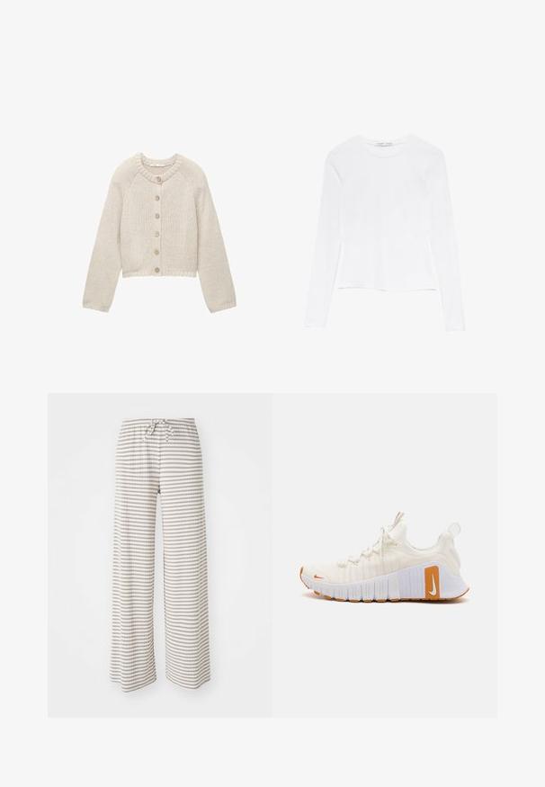 Cardigan lavorato a maglia beige con maniche lunghe e cinque bottoni in legno sulla parte anteriore, con scollatura rotonda e polsini e orlo a coste.; Maglietta bianca a maniche lunghe con scollatura rotonda. Presenta un design aderente, una texture di tessuto liscia e un orlo leggermente accorciato.; Pantaloni a gamba larga in tessuto leggero, con righe orizzontali beige e bianche. Vita elastica con chiusura a cordoncino.; Scarpe atletiche bianche con tomaia in tessuto testurizzato e dettagli arancioni. Caratterizzate da una spessa suola bianca con grip in gomma e branding evidente.