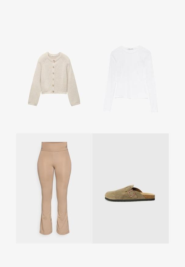 Beige gestrickte Strickjacke mit langen Ärmeln und fünf Holzknöpfen auf der Vorderseite, runder Halsausschnitt sowie gerippte Bündchen und Saum.; Weißes Langarmoberteil mit Rundhalsausschnitt. Hat ein enganliegendes Design, eine glatte Stoffoberfläche und einen leicht gekürzten Saum.; Hautfarbene Leggings mit hohem Bund, ausgestelltem Saum, glatter Textur und ohne sichtbare Muster oder Hardware-Details.; Wildleder-Hausschuh im Clog-Stil in Olivgrün mit schmalem Riemen und Metall-Schnallen-Detail. Verfügt über ein Kork-Fußbett und eine schwarze Gummisohle.