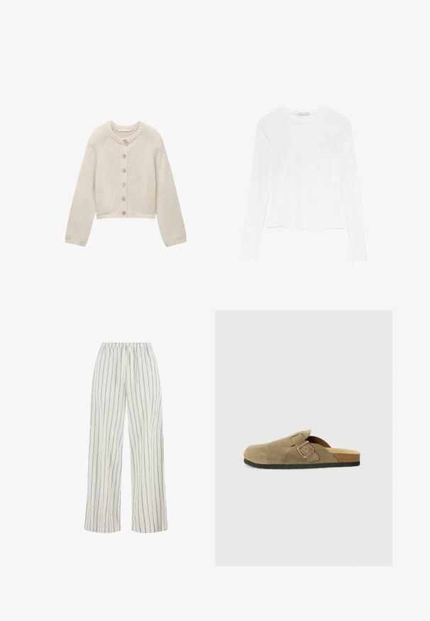 Beige gebreide cardigan met lange mouwen en vijf houten knopen aan de voorkant, met een ronde halslijn en geribbelde manchetten en zoom.; Witte lange mouwtop met een ronde halslijn. Heeft een aansluitend ontwerp, een gladde stoftextuur en een iets cropped zoomlijn.; Witte wijde broek met verticale zwarte strepen, elastische tailleband en een gestructureerde stof. Het ontwerp heeft een casual, ontspannen pasvorm.; Suède pantoffel in klompstijl in olijfgroen met een smalle band en metalen gesp. Voorzien van een kurkvoetbed en zwarte rubberen zool.