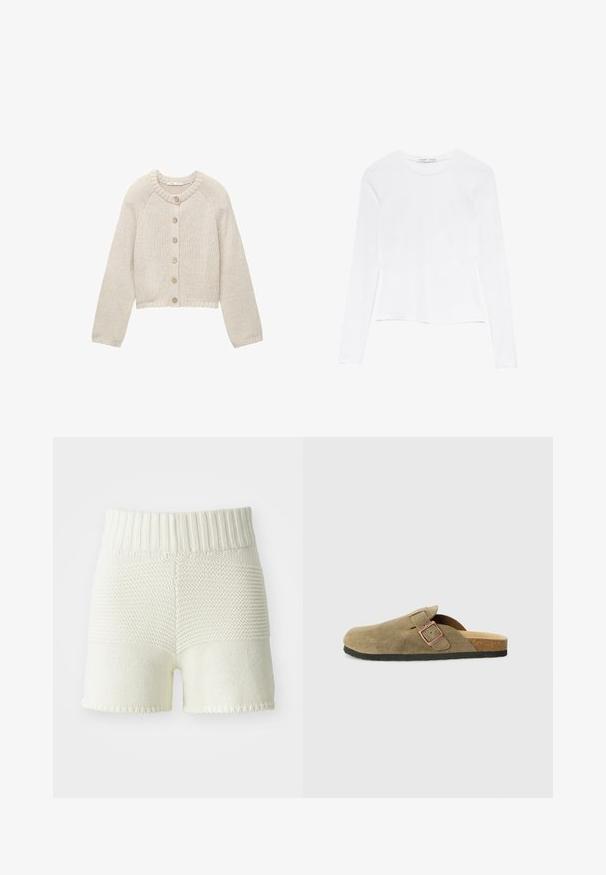 Béžový pletený cardigan s dlouhými rukávy a pěti dřevěnými knoflíky vpředu, s kulatým výstřihem a žebrovanými manžetami a lemem.; Bílé tričko s dlouhým rukávem a kulatým výstřihem. Disponuje přiléhavým střihem, hladkým textilním povrchem a mírně zkráceným lemem.; Pletené šortky v off-white barvě s ribbovaným pasem, které mají texturální kontrast mezi horní a dolní částí, lemované okraje.; Semišová pantofle ve stylu dřeváků v olivově zelené barvě s úzkým páskem a kovovou přezkou. Má korkovou stélku a černou gumovou podrážku.