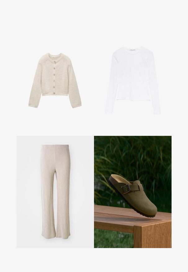 Cardigan tricotat bej cu mâneci lungi și cinci nasturi din lemn pe față, având un guler rotund și manșete și tiv ribbrate.; Top alb cu mâneci lungi și guler rotund. Are un design ajustat, textură de material neted și un tiv ușor scurt.; Pantaloni bej, cu picioare largi, realizati dintr-un material texturat cu dungi verticale. Au o talie elastică și o croială confortabilă pe toată lungimea piciorului.; Clog din suede verde măsliniu, cu cataramă, plutind deasupra unei bănci din lemn, cu iarbă verde și plante în fundal.