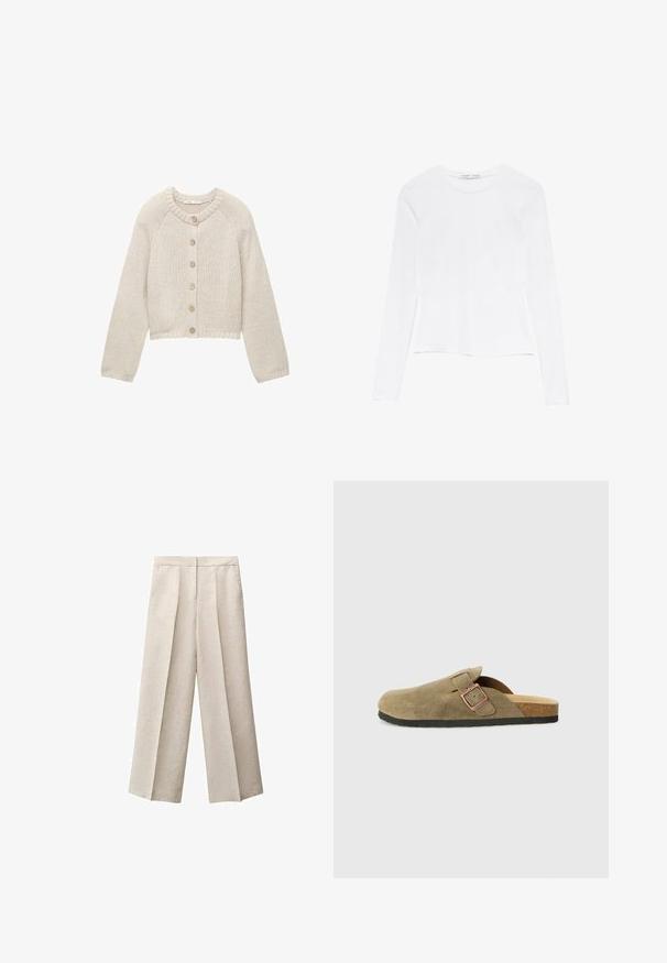 Bež pletena jopica z dolgimi rokavi in petimi lesenimi gumbi spredaj, z okroglim izrezom ter rebrastimi manšetami in obrobo.; Bela majica z dolgimi rokavi in okroglo izrezom. Ima oprijet kroj, gladko teksturo tkanine in nekoliko skrajšan rob.; Bež brezno široke hlače z gubami, ki imajo visok pas in stranske žepke. Tkanina ima gladko, teksturirano površino.; Copatarski copat iz semiša v olivno zeleni barvi z ozkim trakom in detajlom iz kovinske sponke. Ponaša se z nogavnim vložkom iz plute in črnim gumijastim podplatom.