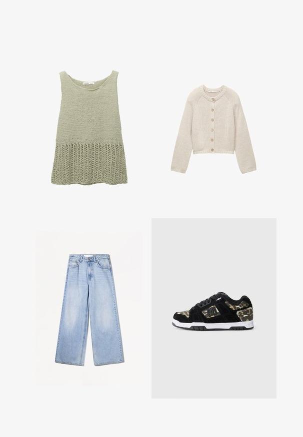 Beige gestrickte Strickjacke mit langen Ärmeln und fünf Holzknöpfen auf der Vorderseite, runder Halsausschnitt sowie gerippte Bündchen und Saum.; Strickoberteil in blassgrün mit Rundhalsausschnitt. Hat einen strukturierten oberen Bereich und einen lockeren, offenen Saum.; Bershka WIDE-LEG - Wide Leg - light-blue denim; Schwarze Wildledersneaker mit Camouflage-Muster an der Seite, weißer Mittelsohle und schwarzer Gummisohle. Mit Schnürsenkeln und Logodetail an der Seite.