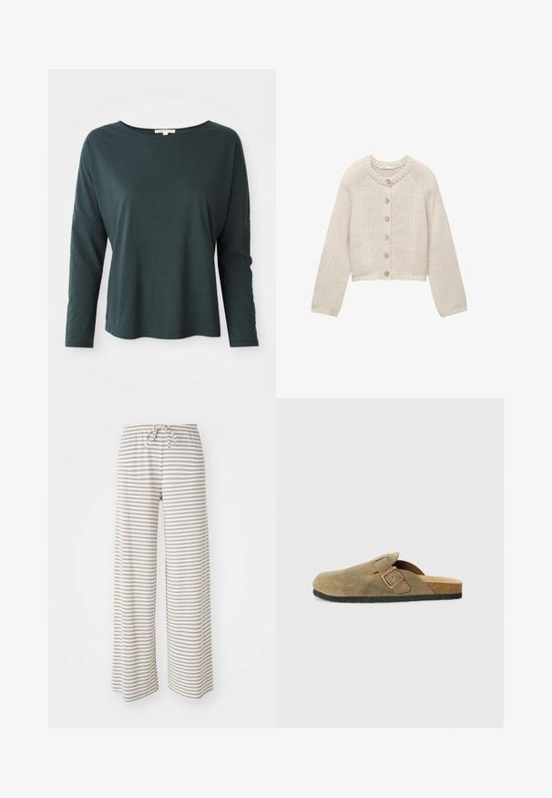 Béžový pletený cardigan s dlouhými rukávy a pěti dřevěnými knoflíky vpředu, s kulatým výstřihem a žebrovanými manžetami a lemem.; Tmavě modrá dlouhá rukávová volná košile s lodičkovým výstřihem na bílém pozadí, velikost malá, měkká lehká tkanina.; Pánské široké kalhoty z lehkého materiálu, s vodorovnými pruhy v béžové a bílé barvě. Elastický pas s šňůrkovým uzávěrem.; Semišová pantofle ve stylu dřeváků v olivově zelené barvě s úzkým páskem a kovovou přezkou. Má korkovou stélku a černou gumovou podrážku.