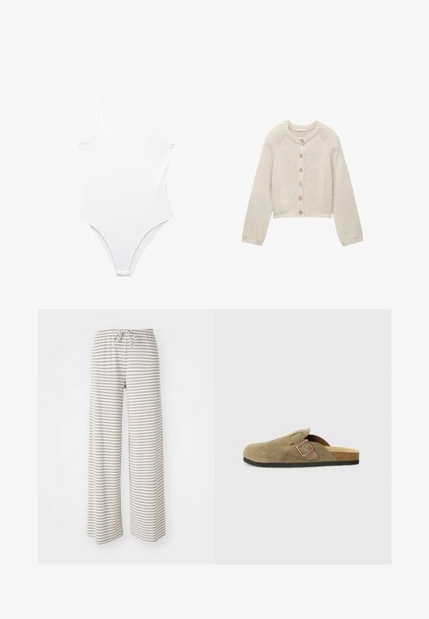 Beżowy sweter z dzianiny z długimi rękawami i pięcioma drewnianymi guzikami z przodu, z okrągłym dekoltem oraz ściągaczami przy rękawach i u dołu.; Biały jednoczęściowy strój kąpielowy z wysokim krojem nogawek, cienkimi ramiączkami i gładkim, rozciągliwym materiałem. Minimalistyczny design, bez wzorów i akcentów.; Spodnie z szerokimi nogawkami w lekkim materiale, z poziomymi paskami w odcieniach beżu i bieli. Elastyczny pas z zapięciem na sznurek.; Zamszowy klapek w stylu chodaka w oliwkowej zieleni z wąskim paskiem i metalową klamrą. Posiada korkową wkładkę i czarną gumową podeszwę.