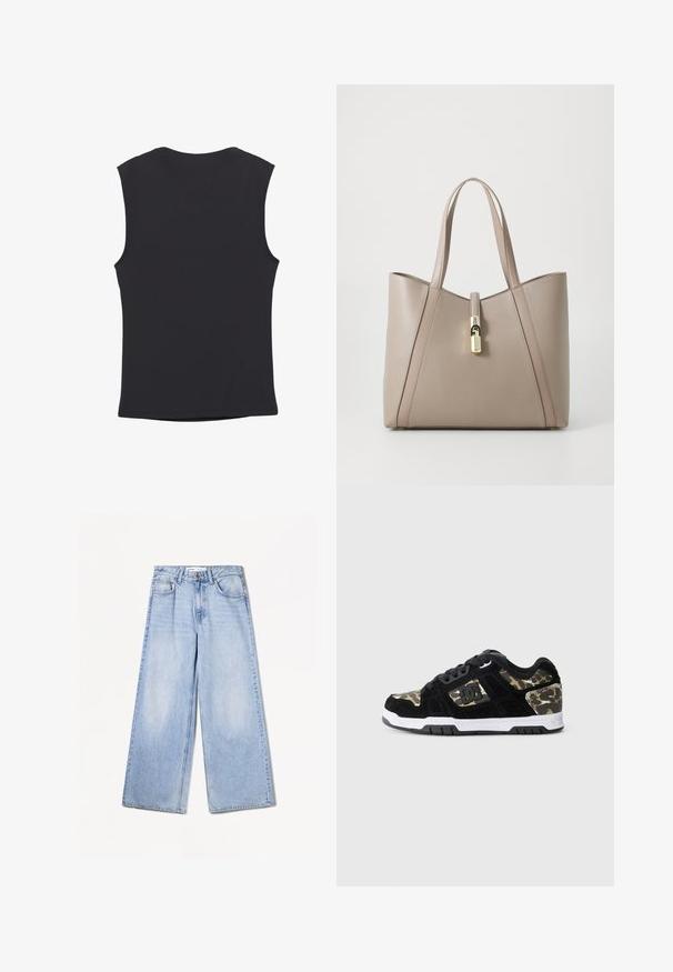 Beige gestrickte Strickjacke mit langen Ärmeln und fünf Holzknöpfen auf der Vorderseite, runder Halsausschnitt sowie gerippte Bündchen und Saum.; Schwarzes ärmelloses Oberteil aus geripptem Stoff mit Rundhalsausschnitt, das eine glatte Textur und ein einfaches Design aufweist. Keine Muster oder Akzente.; Bershka WIDE-LEG - Wide Leg - light-blue denim; Schwarze Wildledersneaker mit Camouflage-Muster an der Seite, weißer Mittelsohle und schwarzer Gummisohle. Mit Schnürsenkeln und Logodetail an der Seite.; Beige Leder-Tote-Bag mit strukturiertem Design, ausgestattet mit goldenen Hardware-Akzenten und kontrastierenden Griffen für zusätzliche Details.