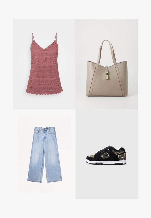 Beige kötött kardigán hosszú ujjakkal, az elején öt fa gombbal, kerek nyakkivágással és bordázott mandzsettával és aljjal.; Rózsaszín csipkés top állítható pántokkal, V-nyakkivágással és fodros széllel. Az anyagon bonyolult minták találhatók.; Bershka WIDE-LEG - Széles szárú - light-blue denim; Fekete velúr sportcipő kaméleon mintával az oldalon, fehér középtalppal és fekete gumi talppal. Zsinórral és logó részlettel rendelkezik az oldalon.; Beige bőrtáska, strukturált formával, arany kiegészítőkkel és kontrasztos fogantyúkkal a részletes megjelenés érdekében.