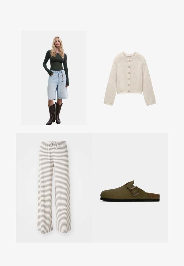 Bežani pleteni kardigan s dugim rukavima i pet drvenih dugmadi sprijeda, s okruglim izrezom i rebrastim manžetama i rubom.; Tamnoplav dugi rukav majica u kombinaciji sa svijetloplavim traper bermuda šortsevima i smešnim kaubojskim čizmama, sa dekorativnim privjeskom na šortsevima.; Hlače širolinijske kroja od lagane tkanine, s horizontalnim prugama u bež i bijeloj boji. Elastična pojas sa vezicom.; Maslinasto zelena klompa bez kopčanja s širokim podesivim remenom i brončanim kopčanjem, pluta podloga i crna gumena potplat.