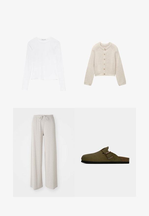Beige strikket cardigan med lange ærmer og fem træknapper foran, med en rund halsudskæring og ribbede manchetter og kant.; Hvid langærmet top med rund halsudskæring. Har et fitted design, glat stofstruktur og en let cropped nederste kant.; Bredde benbukser i let stof, med vandrette striber i beige og hvid. Elastisk talje med snorelukning.; Olivengrøn slip-on klip med bred justerbar rem og bronze spænde, korksål og sort gummisål.