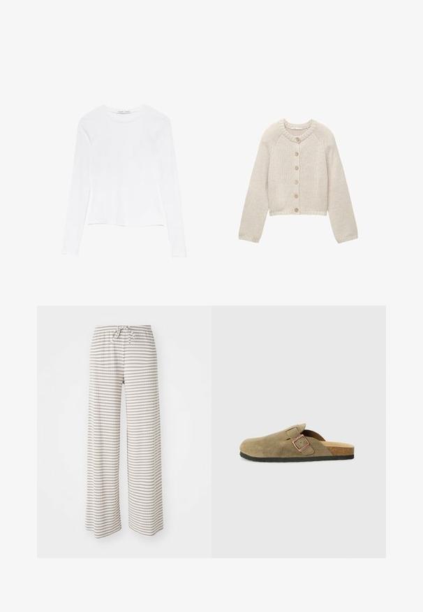 Vaalea neulecardigan, jossa on pitkät hihat ja viisi puista nappia edessä. Rundikaula-aukko sekä ribbireunat hihansuissa ja helmassa.; Valkoinen pitkähihaisessa paidassa on pyöreä pääntie. Se on muotoiltu istuvaksi, sileä kangas on miellyttävä päällä ja hemline on hieman cropped.; Hameet leveillä lahkeilla kevyestä kankaasta, jossa on vaakasuoria beigeja ja valkoisia raitoja. Kuminauhavyötärö, jossa on nyörisuljenta.; Oliivinvihreä mokkainen klompsutyylinen tohveli, jossa kapea remmi ja metallisolki. Sisältää korkkipohjan ja mustan kumipohjan.