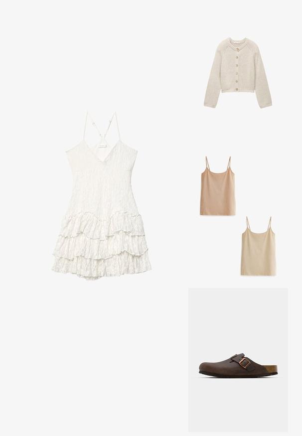 Cardigan lavorato a maglia beige con maniche lunghe e cinque bottoni in legno sulla parte anteriore, con scollatura rotonda e polsini e orlo a coste.; Due canotte in toni beige chiari. Ognuna ha spalline sottili, un collo arrotondato e un tessuto morbido e testurizzato. Una è leggermente più scura dell'altra.; Abito bianco senza maniche in pizzo con scollatura a V, spalline sottili regolabili e dettagli in volant a strati nella gonna.; Zoccolo in pelle marrone con una fascia ampia e una fibbia in rame, caratterizzato da una soletta in sughero testurizzata e una suola in gomma nera spessa.; PULL&BEAR Shopping bag - mottled dark brown