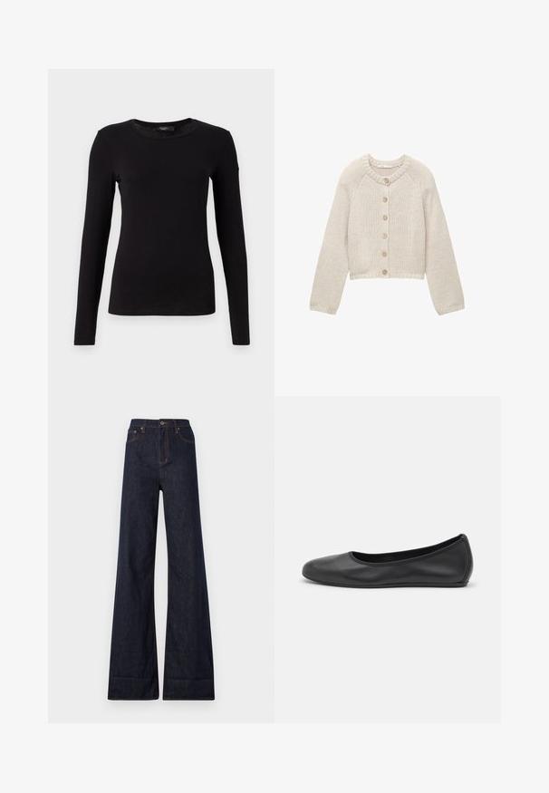 Beige gebreide cardigan met lange mouwen en vijf houten knopen aan de voorkant, met een ronde halslijn en geribbelde manchetten en zoom.; WEEKEND MaxMara MULTIE - Longsleeve - nero; Ksubi STRIDER CUFF ORIGINAL - Wide leg - blue denim; Zwarte leren ballerina met een ronde neus, gladde textuur, minimale stikdetails en een flexibele zoolontwerp.