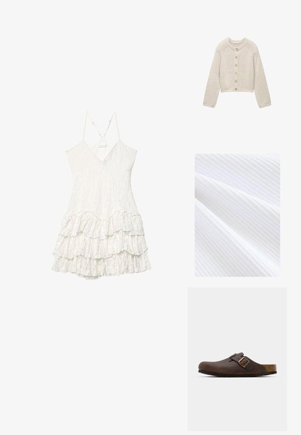 Beige stickad kofta med långa ärmar och fem träknappar framtill, med rund halsringning och ribbade manschetter och nederkant.; Vit ribbad textil med fina vertikala linjer och en jämn yta, som faller i mjuka veck.; Vit ärmlös spetsklänning med V-ringning, justerbara tunna axelband och lager av volangdetalj.; Brun läderträsko med en bred rem och en kopparspänne, med en strukturerad korksula och en tjock svart gummisula.; PULL&BEAR Shoppingväska - mottled dark brown