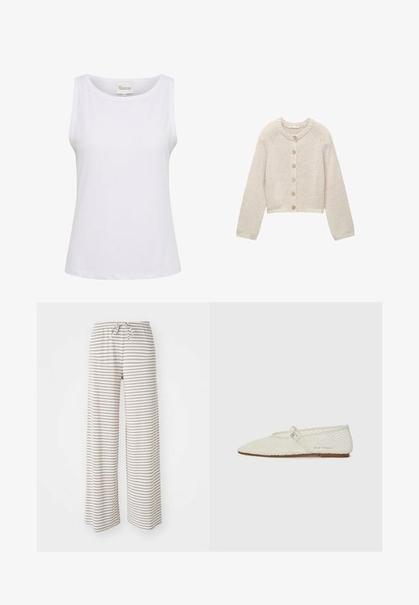 Beige strikket cardigan med lange ærmer og fem træknapper foran, med en rund halsudskæring og ribbede manchetter og kant.; Hvid, ærmeløs top lavet af ribbet stof, med rund halsudskæring og en let afslappet pasform. Mærket siger "MIN ESSENTIELLE GARDEROBE," størrelse M.; Bredde benbukser i let stof, med vandrette striber i beige og hvid. Elastisk talje med snorelukning.; Cremefarvet mesh balletflade med spids tå og justerbar rem. Har en tekstureret overdel og en flad, brun sål.