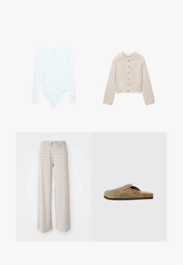 Beige gebreide cardigan met lange mouwen en vijf houten knopen aan de voorkant, met een ronde halslijn en geribbelde manchetten en zoom.; Witte lange mouwen bodysuit met een brede halslijn, gemaakt van zachte, elastische stof, met een slim fit en hoge beenopeningen.; Wijdvallende broek van lichtgewicht stof, met horizontale strepen in beige en wit. Elastische tailleband met trekkoordsluiting.; Suède pantoffel in klompstijl in olijfgroen met een smalle band en metalen gesp. Voorzien van een kurkvoetbed en zwarte rubberen zool.