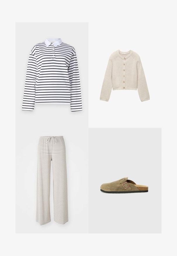 Beige gestrickte Strickjacke mit langen Ärmeln und fünf Holzknöpfen auf der Vorderseite, runder Halsausschnitt sowie gerippte Bündchen und Saum.; Weißes Langarm-Polo-Shirt mit horizontalen schwarzen Streifen, klassischem Kragen und Zwei-Knopf-Leiste. Aus glattem Baumwollmaterial.; Weite Hose aus leichtem Stoff mit horizontalen Streifen in Beige und Weiß. Elastischer Taillenbund mit Kordelzug.; Wildleder-Hausschuh im Clog-Stil in Olivgrün mit schmalem Riemen und Metall-Schnallen-Detail. Verfügt über ein Kork-Fußbett und eine schwarze Gummisohle.