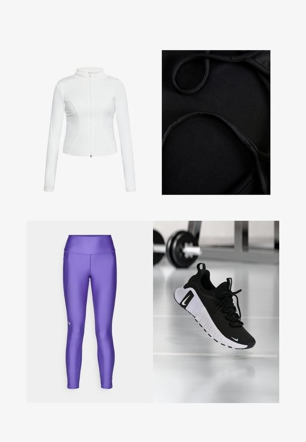 Chaqueta blanca con cremallera, de manga larga, textura suave, diseño ajustado y costuras curvas a lo largo de los lados.; Tejido de traje de baño negro con textura suave, tirantes curvados y costuras planas, diseñado para ofrecer comodidad y flexibilidad durante su uso.; Leggings atléticos morados hechos de un material suave y elástico. Cuenta con una cinturilla alta y un pequeño logo en la parte inferior de la pierna derecha.; Zapatilla deportiva negra con parte superior de tela texturizada, suela blanca y sistema de cordones prominente. Presenta un logo de Nike y un diseño suave y acolchado.