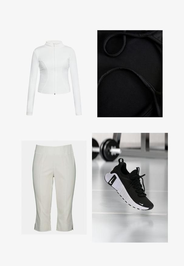 Witte zip-up jas met lange mouwen, een gladde textuur, een aansluitend design en gebogen naaddetails langs de zijkanten.; Zwart zwemkledingstof met een gladde textuur, gebogen banden en platte naden, ontworpen voor comfort en flexibiliteit tijdens gebruik.; Witte cropped broeken van een soepele stof, met een platte tailleband, voornaad en zijsplitten aan de zoom voor extra detail.; Zwarte sportschoen met een textuurstof bovenwerk, witte zool en een opvallend vetersysteem. Voorzien van een Nike-logo en een zacht, gedempt ontwerp.