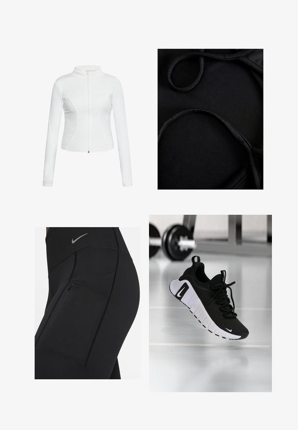 Chaqueta blanca con cremallera, de manga larga, textura suave, diseño ajustado y costuras curvas a lo largo de los lados.; Tejido de traje de baño negro con textura suave, tirantes curvados y costuras planas, diseñado para ofrecer comodidad y flexibilidad durante su uso.; Mallas negras de talle alto fabricadas con material elástico, con un bolsillo con cremallera y costuras en contraste. Logo plateado de Nike en la cintura.; Zapatilla deportiva negra con parte superior de tela texturizada, suela blanca y sistema de cordones prominente. Presenta un logo de Nike y un diseño suave y acolchado.