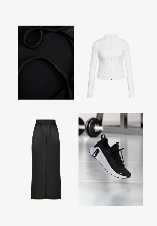 Bílá zipová bunda s dlouhými rukávy, hladkou texturou, přiléhavým střihem a zakřivenými švy po stranách.; Bezrukávový top s potiskem leopardí srsti a mandarin límečkem, s odstíny hnědé a černé na světlém pozadí a rovním lemem.; Černá plavková tkanina s hladkou texturou, zakřivenými popruhy a plochými švy, navržená pro pohodlí a flexibilitu při nošení.; Černé široké kalhoty vyrobené z hladké, lesklé látky, s elastickým pasem bez viditelných kapes nebo kovových detailů.; Černá atletická bota s texturovaným svrchním materiálem z látky, bílou podrážkou a výrazným šněrovacím systémem. Obsahuje logo Nike a měkký, polstrovaný design.