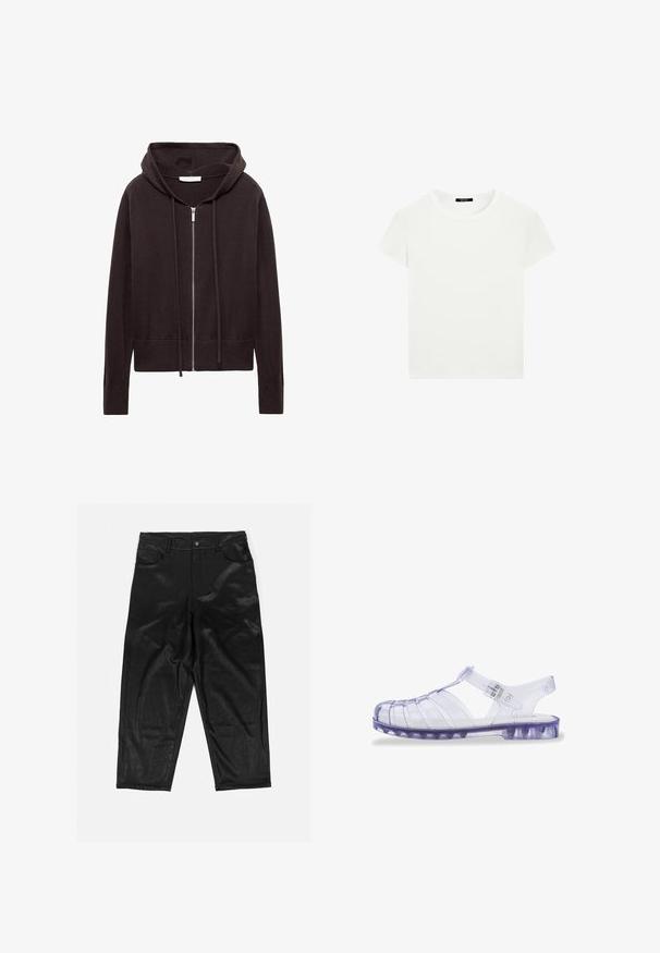 Czarna bluza z kapturem na zamek błyskawiczny z przednimi kieszeniami, regulowanym kapturem na sznurku oraz ściągaczami na mankietach i u dołu.; Prosta, biała koszulka z krótkim rękawem i okrągłym dekoltem, o dopasowanym kroju, zaprezentowana na płasko na białym tle.; Czarne spodnie z sztucznej skóry o wysokim stanie, z kieszeniami z przodu oraz gładką, błyszczącą teksturą. Prosty krój nogawki z minimalistycznymi detalami szwów.; Przezroczyste, fioletowe plastikowe sandały z zamkniętym noskiem, otwartą piętą i regulowanym paskiem. Charakteryzują się poziomymi i pionowymi wycięciami.