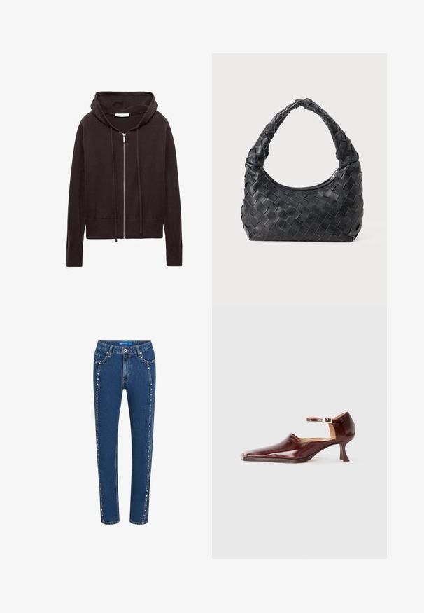 Černá mikina na zip s předními kapsami, nastavitelnou kapucí se šňůrkou a žebrovanými manžetami a lemem.; Jednoduché bílé tričko s krátkým rukávem a kulatým výstřihem, slim fit, vystavené rovně na bílém pozadí.; Džínové kalhoty v tmavě modré barvě se střihovým provedením do rovna, s kontrastním šitím a dekorativními cvočky podél bočních švů a předních kapes.; Burgundské lakované boty s špičatou špičkou, kotníkovým pásem a 5 cm zúženým podpatkem. Hladký povrch a minimalistický design.; Černá kožená tkaná taška přes rameno s zaoblenou rukojetí a měsíčkovým tvarem na jednobarevném pozadí.