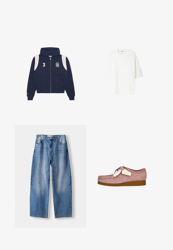 Sweat à fermeture éclair bleu marine en mélange de coton. Doté d'accents blancs sur les épaules, d'un numéro imprimé '3' et d'un logo sur la poitrine gauche. Poches avant incluses.; T-shirt blanc à manches courtes en coton, avec un col rond et une coupe décontractée avec une ligne d'ourlet droite.; Jean large en denim bleu clair avec taille haute, comportant cinq poches, une fermeture à bouton et des détails de couture visibles.; Chaussure en daim rose clair avec un bout rond, un design à lacets et une étiquette d'accent crème. Dispose d'une semelle en caoutchouc beige pour une meilleure adhérence.