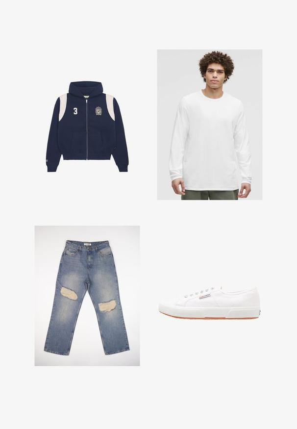 Felpa con zip di colore navy realizzata in misto cotone. Presenta dettagli bianchi sulle spalle, il numero stampato '3' e un logo sul lato sinistro del petto. Include tasche frontali.; Maglietta bianca a maniche lunghe con scollatura rotonda, realizzata in tessuto morbido, caratterizzata da una vestibilità comoda e senza loghi o motivi visibili.; Jeans in denim azzurro chiaro con vestibilità dritta, caratterizzati da due grandi toppe strappate sulle ginocchia e design standard a cinque tasche.; Sneakers bianchi in tela con suola in gomma, design con lacci e una piccola etichetta con logo sul lato. Parte superiore testurizzata bianca e suola marrone.