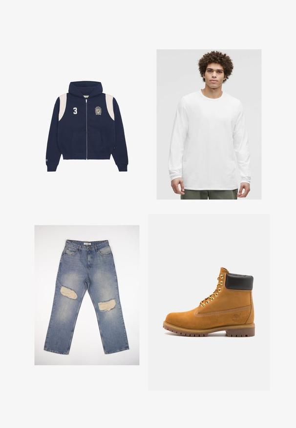 Tumedat riidepusa, mis on valmistatud puuvilla segust. Omab valgeid õlavarre aktsente, trükitud numbrit '3' ja logo vasakul rindkeres. Ees on kaasas Taskud.; Valge pika varrukaga T-särk ümmarguse kaelusega, pehmest kangast, millel on lõdva sobivusega ja ei ole nähtavaid logosid ega mustreid.; Heledsinine denimist teksapüksid sirge lõikega, millel on kaks suurt kulunud plaastrit põlvedel ja tavaline viie taskuga disain.; Küpset tan suede sääreboot musta pehmea kraega, kuldsed metallist silmad, valge õmblemise detailid ja robustne kummist tallaga, millel on väljendunud mustrid.
