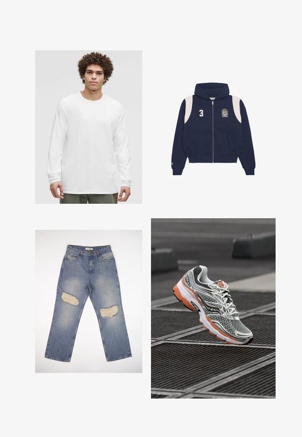 Marinblå zip-up hoodie i bomullsblandning. Har vita axelinslag, tryckt nummer "3" och logotyp på vänster bröst. Framfickor ingår.; Vit långärmad t-shirt med rund halsringning, tillverkad av mjukt tyg, med avslappnad passform och utan synliga logotyper eller mönster.; Ljusblå denimbyxor med rak passform, featuring två stora slitna lappar på knäna och standard femficksdesign.; Grå och vit sportskor med orange detaljer, mesh-överkonstruktion, vadderad krage och svart sula, designad för komfort och stöd.