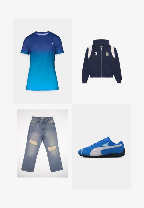 Mornarska zip-up kapuca iz bombažnega mešanice. Ima bele naglavne poudarke, potiskan številko '3' in logo na levem prsnem delu. Vključeni so sprednji žepi.; Kratka majica s kratkimi rokavi v modrem gradientu, ki ima gladko teksturo, okroglo ovratnik in majhen logotip na prsih.; Svijetloplave traperice s ravnim krojem, s dva velika stršena zakrpa na koljenima i standardnim dizajnom s pet džepova.; Modre atletske čevlje s semiš zgornjim delom, ki imajo belo stransko ploščo in črno gumijasto podplat. Vključujejo dvignjen PUMA logo na strani.