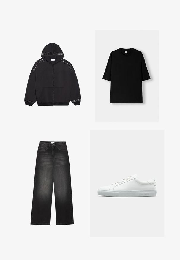Črna zip-up kapuca iz blaga, opremljena z metalnimi našitki ob ramenskih in zapestnih delih. Vsebuje kapuco in sprednji žep.; Črna bombažna majica s kratkimi rokavi, okroglim izrezom in sproščenim krojem. Gladka tekstura in minimalistična zasnova, brez vzorcev ali dodatkov.; YOURTURN UNISEX - Vrečaste kavbojke - black denim; Bela usnjena superga z gladko površino, zaobljenim prstom, ravnimi vezalkami in minimalističnim dizajnom. Svetlo siva gumijasta podplata z blagovno znamko na strani.