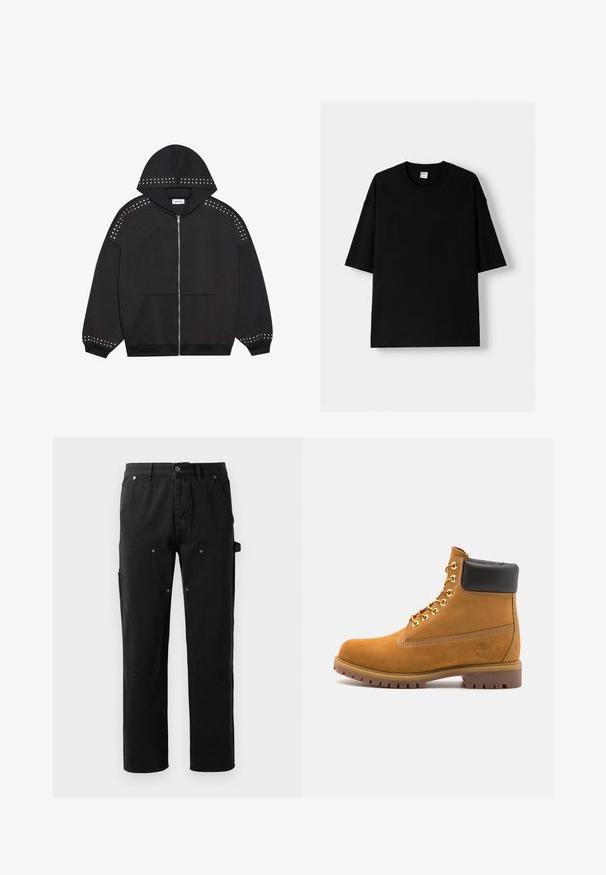 Svart zip-up hoodie i tyg, med metalliska nitar längs axlarna och ärmarna. Inkluderar en huva och framficka.; Svart bomulls t-shirt med kort ärm, rund hals och en avslappnad passform. Slät textur och minimalistisk design, inga mönster eller accentuerade detaljer.; Svarta bomullbyxor med rak bendesign, två framsorer, sidoficka för verktyg och tryckknappsdetaljer.; Tan mockasins ankelstövlar med svart vadderad krage, guldmetallöglor, vit sömdekor och slitstöt gummisula med utmärkta mönster.