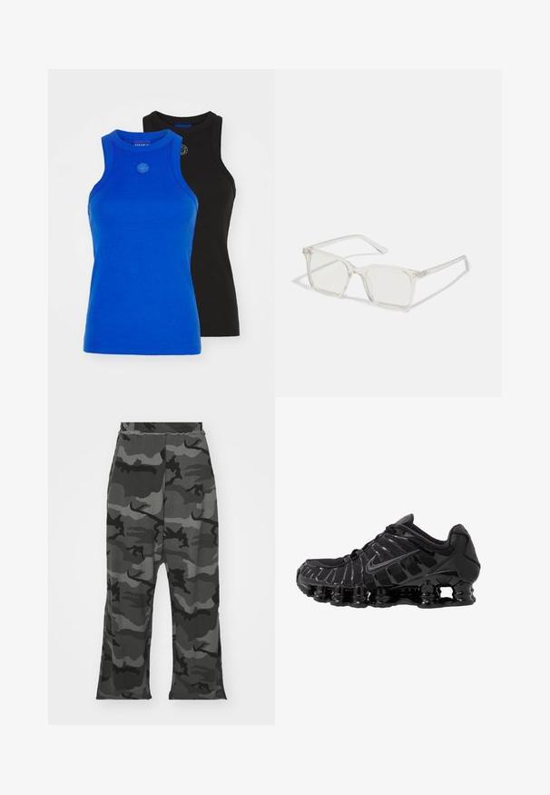 Melna rāvējslēdzēja kapuce izgatavota no auduma, ar metāla kniedēm gar pleciem un aprocēm. Ietver kapuci un priekšējo kabatu.; HUGO GIFT GIVING 2 PACK - Tops - blue/black; Kamerāži svārki melnos un pelēkos toņos, ar elastīgu jostu, brīvu piegriezumu un nelieliem šķēlumiem kāju apakšā.; Melnas sporta kurpes ar sietveida augšdaļu un spīdīgām virsmas daļām. Iezīmēta ar izliekta spirāla spilvenu un teksturētām līnijām sānos. Redzams Nike logo.; Caursplūstošas kvadrātveida brillēs ar caurspīdīgiem lēcām, ar zelta akcentiem uz tempļiem, lai pievienotu detaļas.