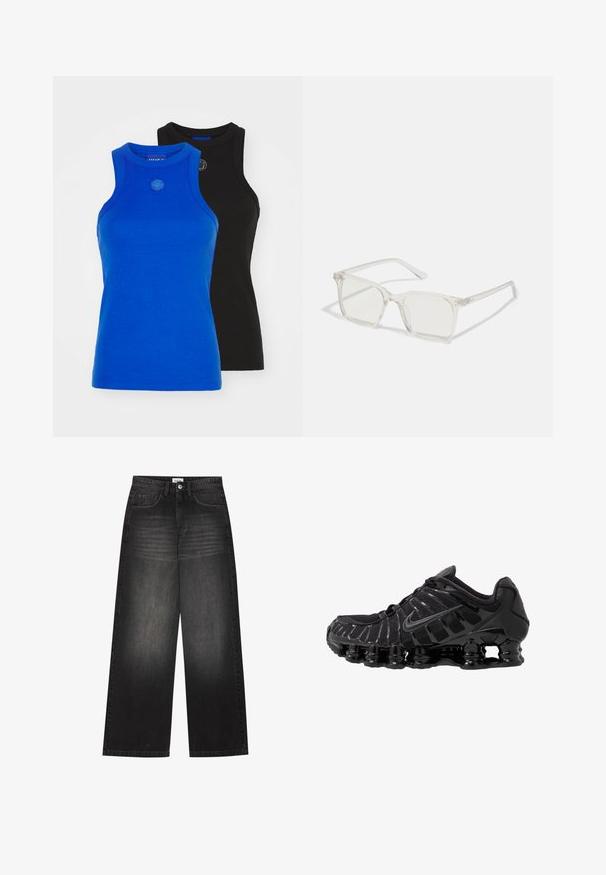 Juodas užtrauktukas džemperis, pagamintas iš audinio, puošiamas metaliniais kalnų kristalais palei pečius ir rankoves. Turi gobtuvą ir priekinę kišenę.; HUGO GIFT GIVING 2 PACK - Viršus - blue/black; YOURTURN UNISEX - Platūs džinsai - black denim; Juodas sportinis batai su tinklinėmis viršutinėmis dalimis ir blizgiomis detalėmis. Yra kreivai suformuota spyruoklinė amortizacija ir tekstūruoti brūkšniai šone. Matomas Nike logotipas.; Permat nuleidžiai skaidrūs kvadrato formos akinius su permatomais lęšiais, kurie turi auksines detales ant šventyklų.