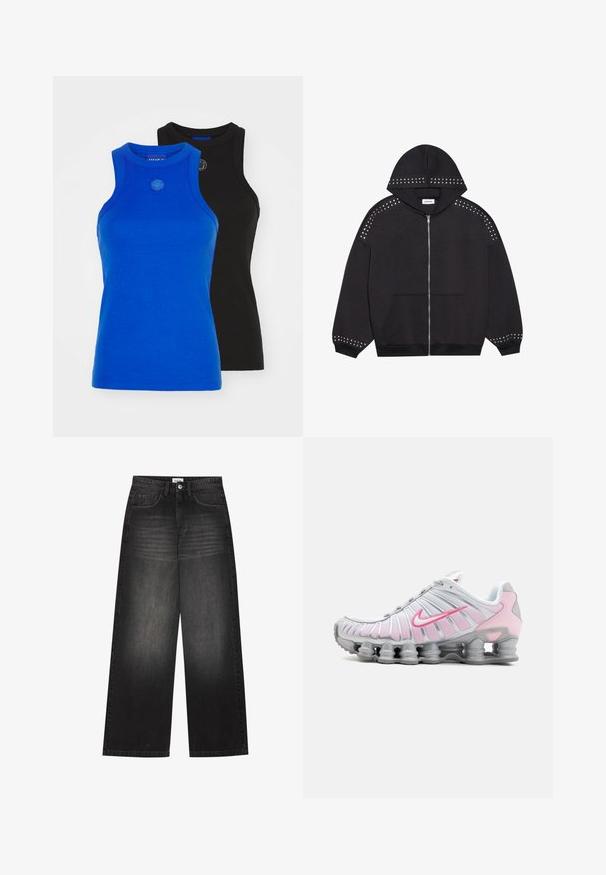 Sudadera con cremallera negra de tela, con tachuelas metálicas en los hombros y los puños. Incluye capucha y bolsillo frontal.; HUGO GIFT GIVING 2 PACK - Top - blue/black; YOURTURN UNISEX - Vaqueros baggy - black denim; Zapatilla deportiva Nike en blanco y rosa claro. Presenta una parte superior de malla y una suela curvada distintiva con amortiguación de aire visible.