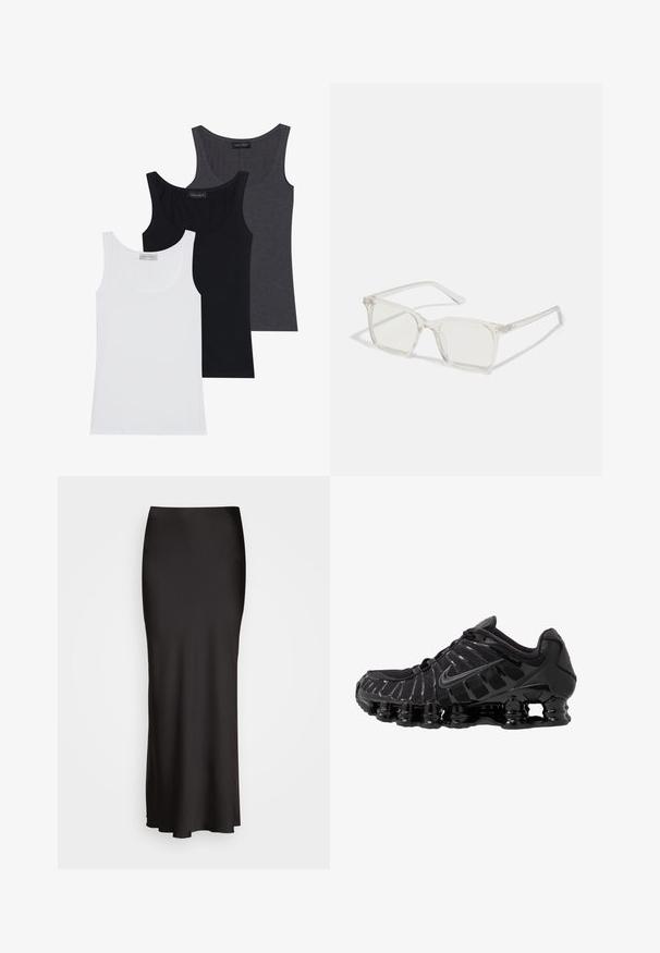 Crna zip-dukserica izrađena od tkanine, s metalnim iglicama duž ramena i manžeta. Uključuje kapuljaču i prednji džep.; Tri majice bez rukava u bijeloj, crnoj i tamnosivoj boji, s izrezom u obliku luka, izrađene od mekanog, rastezljivog materijala. Oznake su vidljive na svakoj od njih.; Crna satenska suknja do poda s glatkom teksturom, strukom koja se dobro prilagođava, i A-linijom, bez vidljivih ukrasa ili uzoraka.; Crne atletske cipele s mrežastim gornjim dijelom i sjajnim premazima. Imaju zakrivenu zavojnicu za amortizaciju i teksturirane linije sa strane. Vidljiv Nike logo.; Prozirne plastične naočale kvadratnog okvira s prozirnim lećama, koje sadrže zlatne akcentne detalje na drškama.