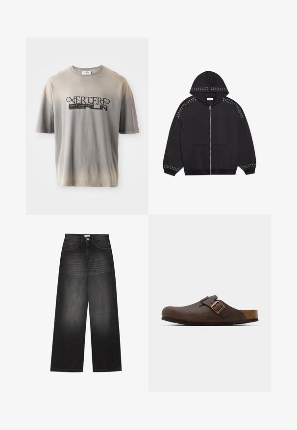 Sweatshirt preto com fecho, feito de tecido, apresentando tachas metálicas ao longo dos ombros e punhos. Inclui capuz e bolso frontal.; Camiseta de gradiente cinza com mangas curtas, apresentando uma impressão preta de "VERTERE BERLIN" em uma fonte estilizada, textura suave e corte solto.; YOURTURN UNISEX - Calças de ganga largas - black denim; Sabota de couro castanho com uma faixa larga e uma fivela de cobre, apresentando uma palmilha de cortiça texturizada e uma sola espessa de borracha preta.