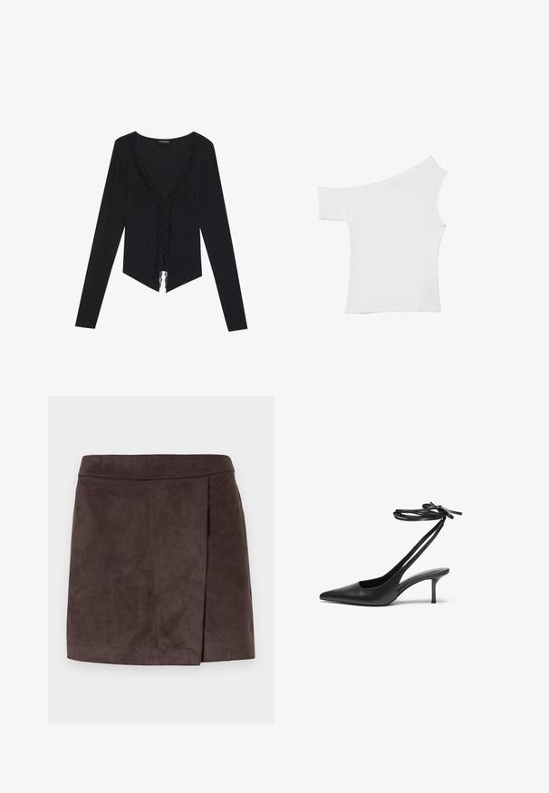 Sort langærmet top lavet af blød stof, med en V-halskant kantet med blonder og en cropped, spids nederkant.; Asymmetrisk hvid top lavet af glat stof, med én kort ærme og en off-shoulder design, med et rent, minimalistisk udseende.; Brun faux suede mini nederdel med en glat tekstur, der har en sidesfold detalje, lige vidde nederst og en tætsiddende talje.; Sorte læder stiletto sko med spids tå, åben bag, og ankelstropper bundet i en sløjfe. Slank 3-tommers hæl. Glat overflade, minimalistisk design.