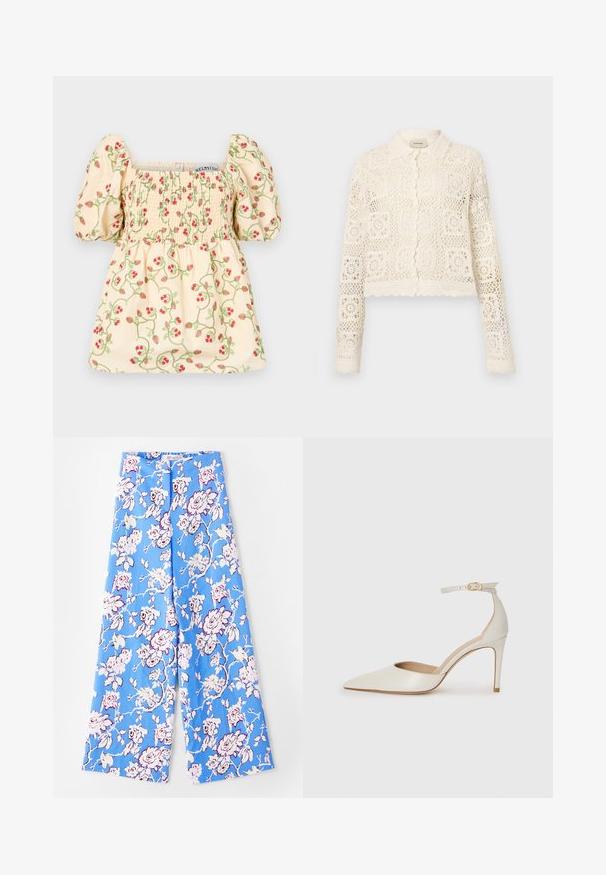 Bijeli vezeni kardigan s ovratnikom, koji se odlikuje složenim kvadratnim uzorkom, dugim rukavima i valovitim rubovima. Zatvaranje na gumb na prednjoj strani.; Bluzica boje kreme s napuhanim rukavima, sa naboranim detaljima i cvjetnim vezom crvenih jagoda i zelenih loza.; Plave cvjetne hlače s uzorkom pastelnih ruža. Tkanina je glatka, s ležernim krojem, širokim nogavicama i elastičnom trakicom za struk.; Bijela kožna visoko potpetica s oštrim vrhom, remenom oko članaka i tankom stiletto potpeticom. Glatka tekstura s blagim sjajnim završetkom.