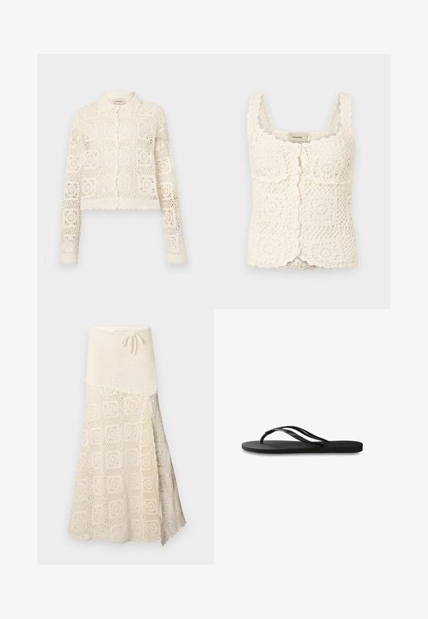 Vit virkade cardigan med krage, med ett intrikat fyrkantigt mönster, långa ärmar och scallopade kanter. Knäppning framtill.; Krämfärgad virkad topp med vågiga kanter och fyrkantiga motiv. Har justerbara band och knappstängning. Tillverkad av texturerad, lättviktig tyg.; Virkad kjol med en texturerad krämfärgad överdel och en underdel med ett intrikat rutmönster. Justerbar knytning i midjan.; Svart flip-flop med en texturerad gummisula, två slanka remmar och en subtil, präglad logodetalj på remmen.