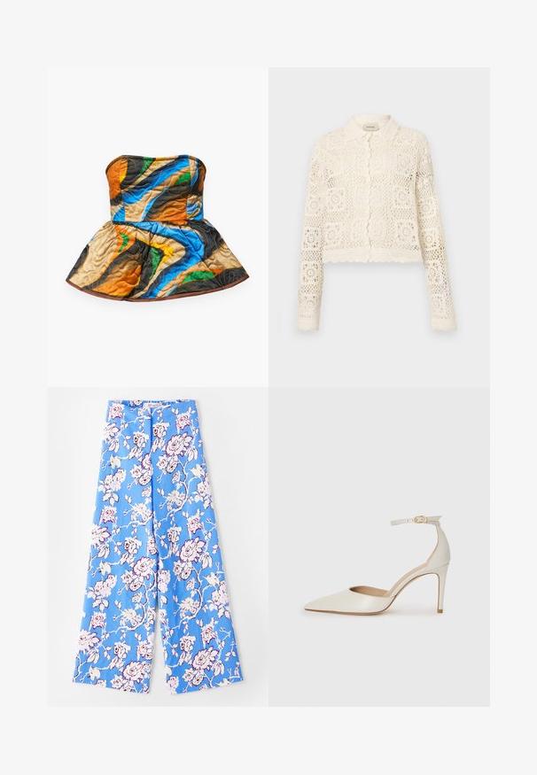 Cárdigan blanco de ganchillo con collar, que presenta un intrincado patrón cuadrado, mangas largas y bordes en forma de concha. Cierre de botón en la parte delantera.; Top sin tirantes acolchado con un diseño de peplum. Presenta patrones coloridos en naranja, azul, verde y marrón sobre una tela texturizada.; Pantalones florales azules con un patrón de rosas en tonos pastel. La tela es suave, con un corte relajado, piernas anchas y una cinturilla elástica.; Zapato de tacón alto de cuero blanco con punta afilada, correa en el tobillo y un delgado tacón de aguja. Textura lisa con un sutil acabado brillante.
