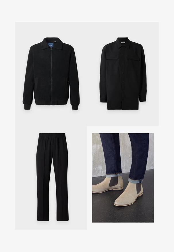 Svart fleece jakke med glidelås, høy krage, ribbestrikkede mansjetter og sidelommer med strukturert overflate.; Svart skjorte med knapper laget av glatt stoff, med klassisk krage, to frontlommer og lange ermer med knappe mansjetter.; Svart, elastisk midjebukser med rett ben-design, med en glatt tekstur og uten synlige mønstre eller maskinvare.; Zign LEATHER - Støvletter - sand