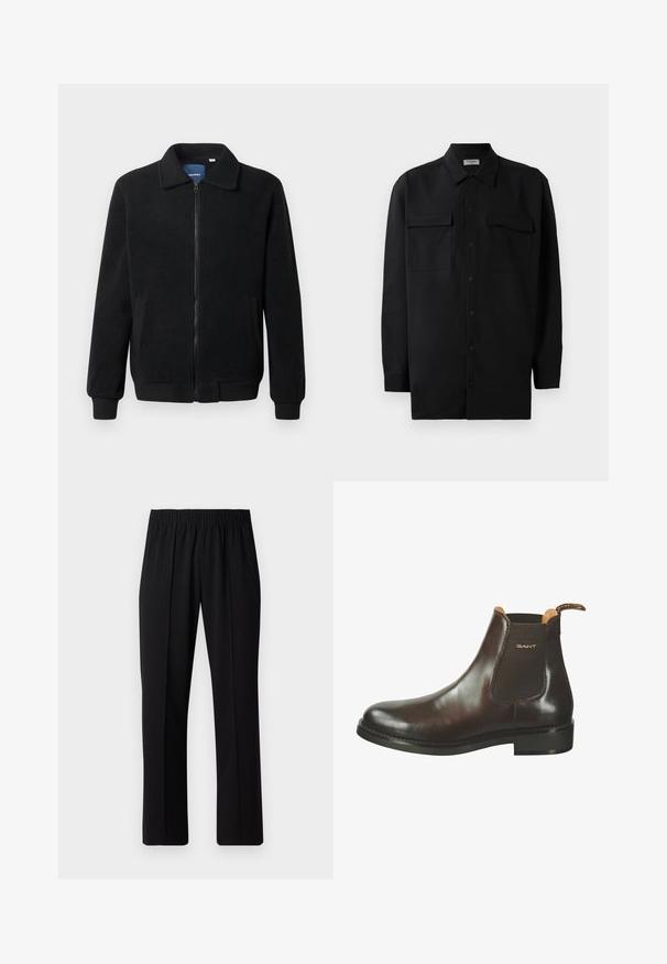 Svart fleece jakke med glidelås, høy krage, ribbestrikkede mansjetter og sidelommer med strukturert overflate.; Svart skjorte med knapper laget av glatt stoff, med klassisk krage, to frontlommer og lange ermer med knappe mansjetter.; Svart, elastisk midjebukser med rett ben-design, med en glatt tekstur og uten synlige mønstre eller maskinvare.; Brune lær Chelsea støvel med glat finish, elastiske sidepaneler og en lille trækflik ved hælen. Har en holdbar gummisål.