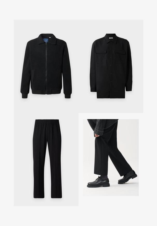 Veste en polaire noire avec fermeture éclair, col montant, poignets côtelés et poches latérales avec une surface texturée.; Chemise noire à manches longues en tissu lisse, dotée d'un col classique, de deux poches devant et de poignets à boutons.; Pantalons noirs à taille élastique avec une coupe droite, présentant une texture lisse et sans motifs ni éléments visibles.; Chaussures en cuir noir à bout arrondi, à lacets, avec une semelle épaisse et texturée. Portées avec un pantalon noir ajusté et un pull à côtes.