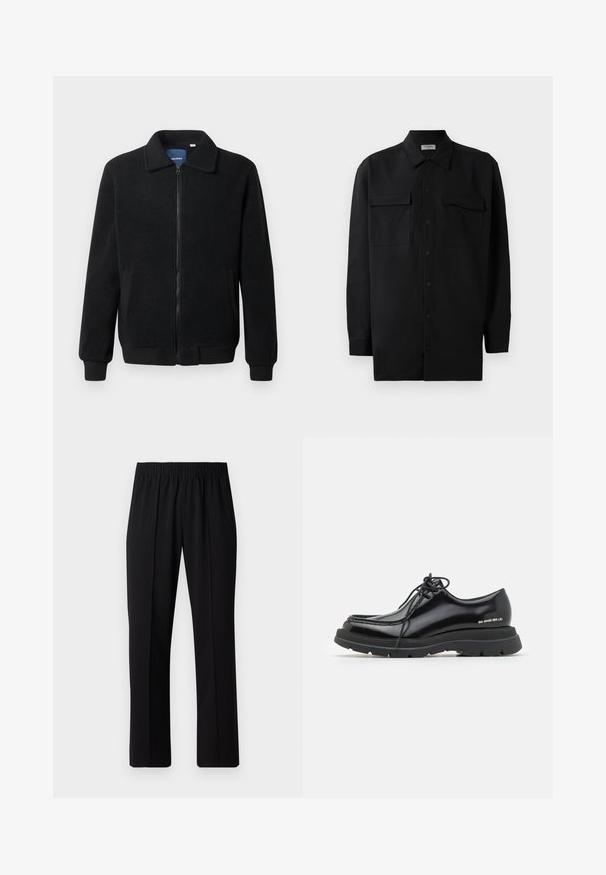 Black fleece jacket featuring a zip closure, stand collar, ribbed cuffs, and side pockets with a textured surface.; Black button-up shirt made of smooth fabric, featuring a classic collar, two front pockets, and long sleeves with button cuffs.; Black, elastic-waist trousers with a straight-leg design, featuring a smooth texture and no visible patterns or hardware.; Black leather dress shoe with a rounded toe, thick rubber sole, lace-up design, and distinctive stitching along the edge.