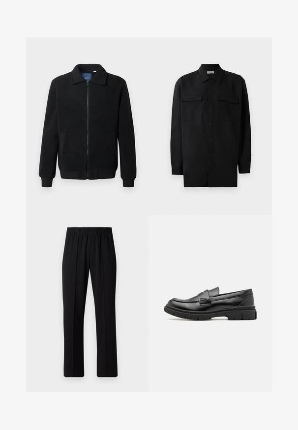 Musternahk fleece-jakk musternahaga, tõmblukk, seisev kaelus, soonikkoes varrukad ja küljetaskud tekstuurse pinnaga.; Mustmust värvi nööpidega särk, mis on valmistatud sujuvast kangast, klassikalise kraega, kahe eesmise tasku ja pikkade varrukatega, millel on nööpidega mansetid.; Mustad, elastse puusärgid sirge säärega, mis on sileda tekstuuriga ja ilma nähtavate mustrite või riistadega.; Musthave nahkast suss, millel on lai rihm üle vöö, kummitald paksude mustritega ning sile tekstuur. Klassikaline, elegantne disain.